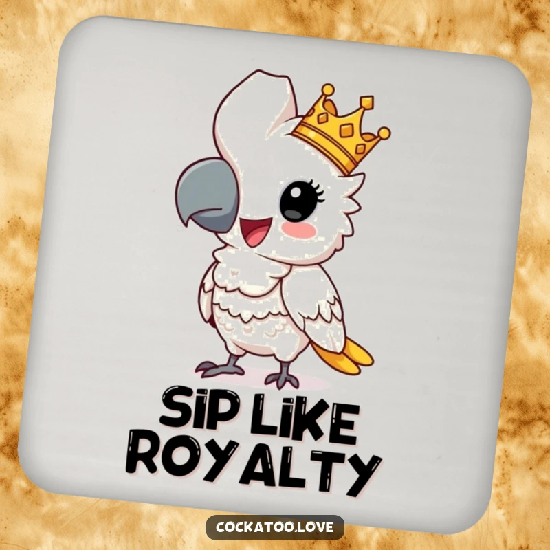 Funny cockatoo coaster with a comical regal bird wearing a tiny crown, posing proudly, for protecting surfaces with humor.