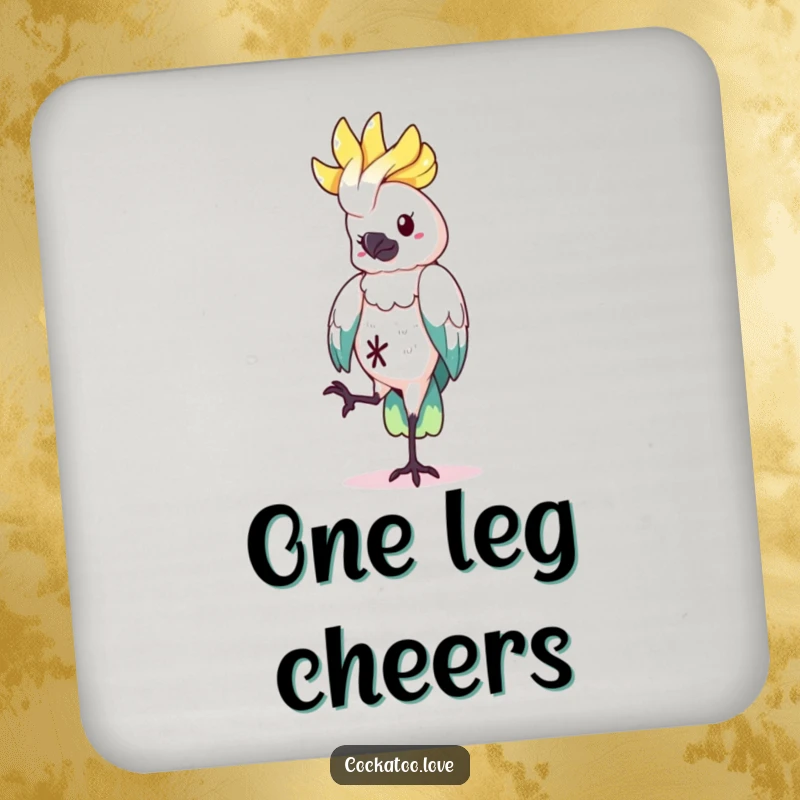 Funny Drink Coaster featuring a cockatoo character balancing on one leg, adding humor and charm as a great funny gift.