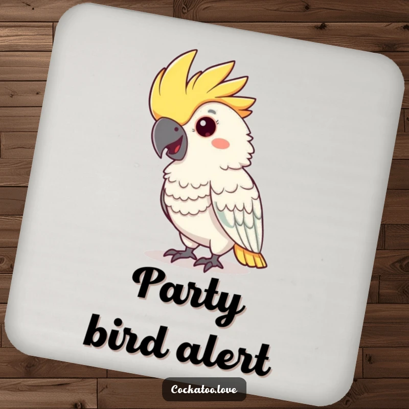 Funny cockatoo coasters with a cheerful nodding bird and pink crest, protecting surfaces with humor.