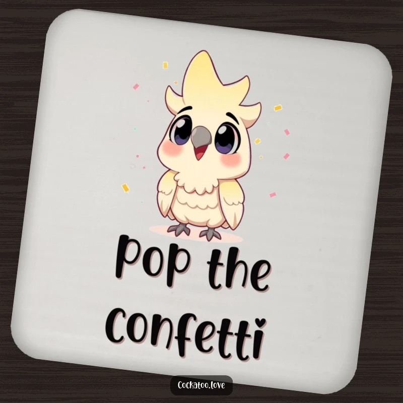 Funny Cockatoo Coasters: Bird excited by confetti, adding festive cheer to drink protection.