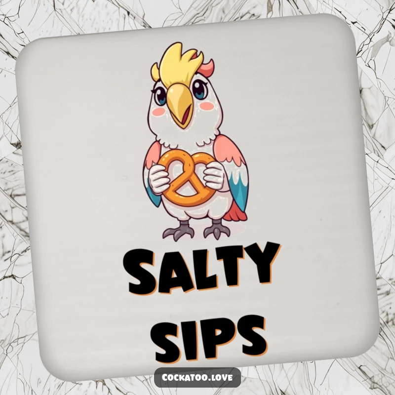 Funny drink coaster with a happy cockatoo holding a tiny pretzel, adding snack-time cheer to tables.