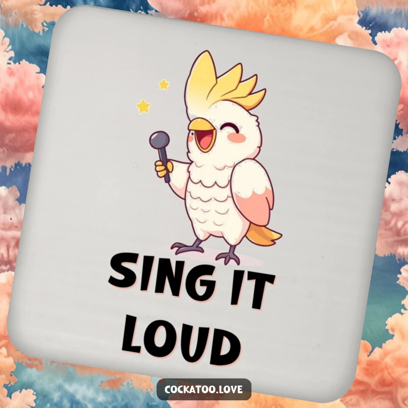 Funny drink coaster featuring a gleeful cockatoo character mimicking a triumphant singer, adding a musical touch.
