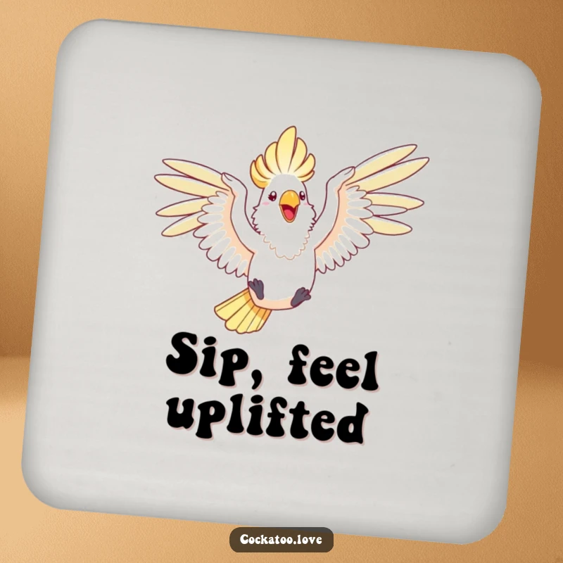 Funny drink coaster featuring a happy cockatoo with wings outstretched, joyfully leaping through the air.