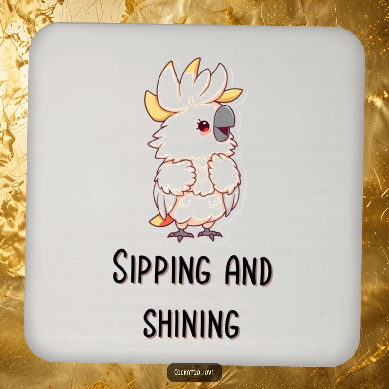 Funny Fluffy Cockatoo Drink Coasters featuring a delightful cockatoo preening its feathers with an expression of pure joy, protecting surfaces.