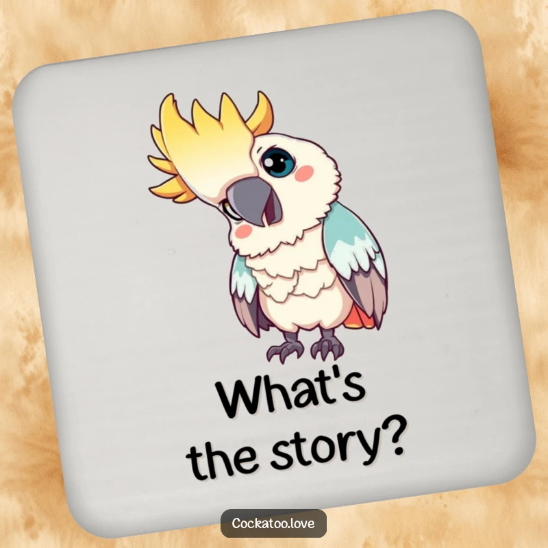 Funny coaster: A curious cockatoo tilts its head, looking intently, adding a touch of humor and thoughtfulness to any surface.