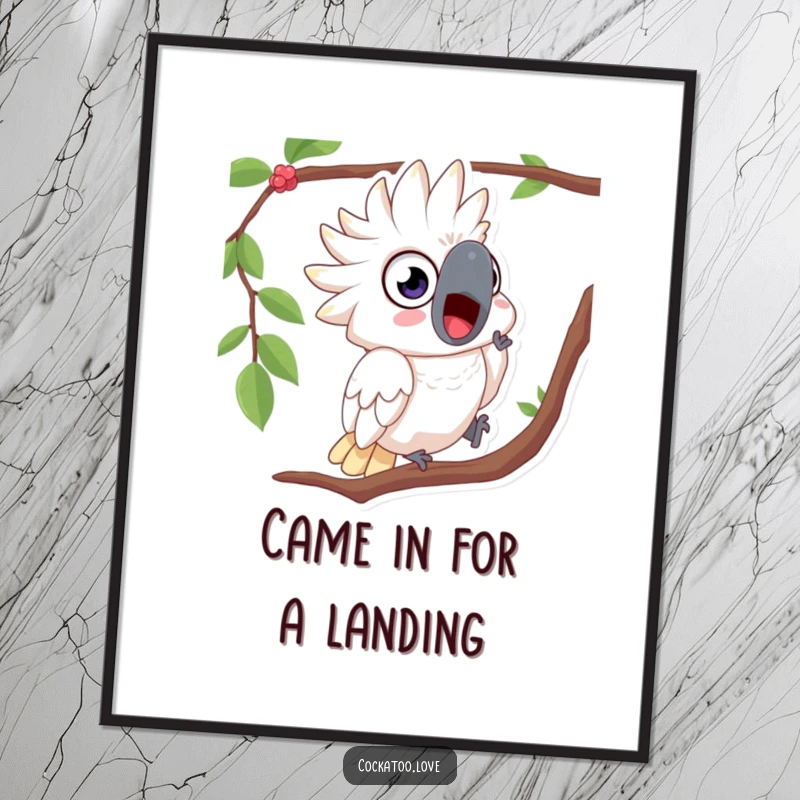 Funny poster featuring a surprised cockatoo with wide, shocked eyes, comically falling from a tree limb.