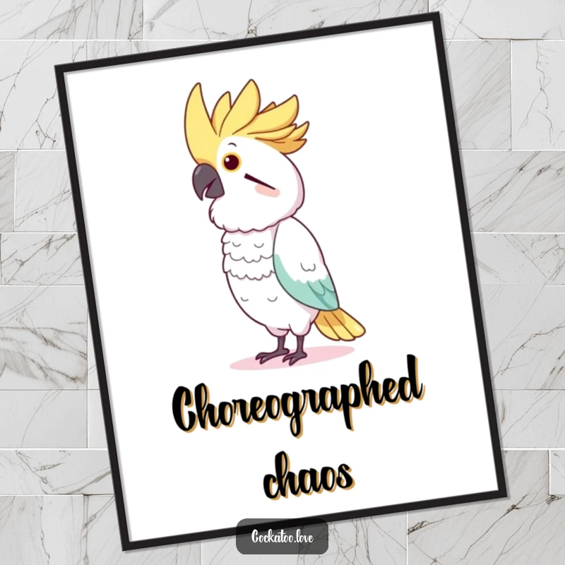 Funny Dancing Cockatoo Poster: Charming bird character in mid-dance, head bobbing energetically, creating a humorous visual.