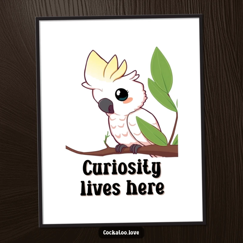 Funny poster of a curious cockatoo peeking from behind a leaf, adding playful intrigue and charm to decor, an excellent funny gift.