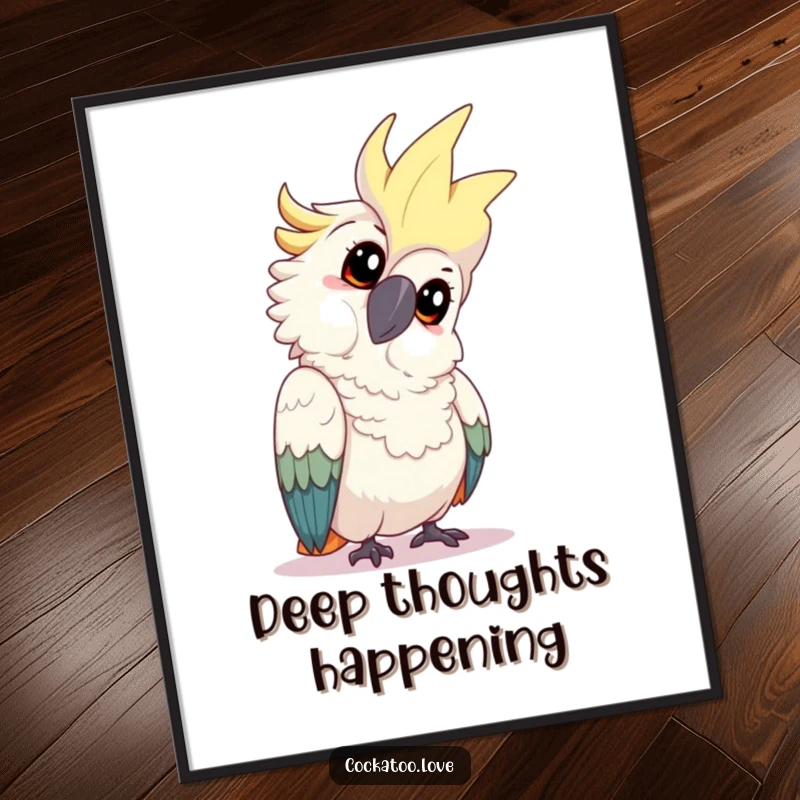Funny cockatoo poster showing a playful bird tilting its head with an inquisitive expression, creating a charming and thought-provoking atmosphere.
