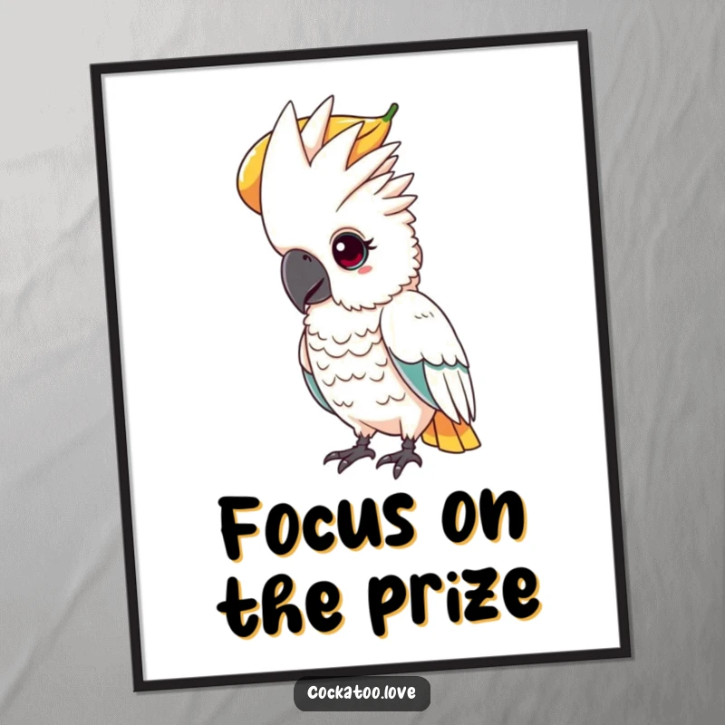 Funny wall art print of a determined cockatoo with a focused gaze, balancing a large fruit on its head.