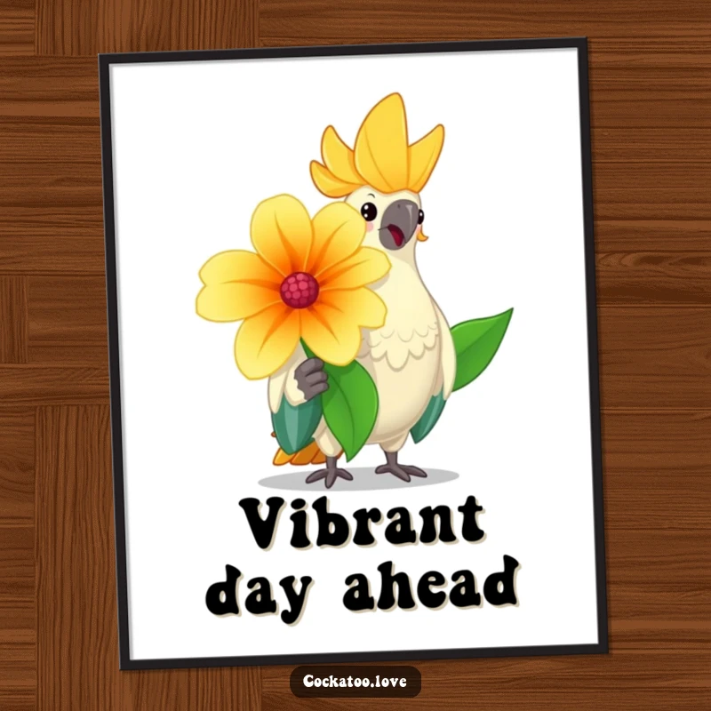 Funny cockatoo poster depicting a cheerful bird offering a large, bright flower with a friendly nod, radiating positive vibes.