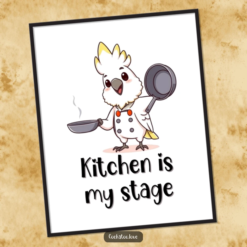 Funny Chef Cockatoo Poster: A happy cockatoo character as a chef energetically tossing a pretend pan, bringing culinary fun.