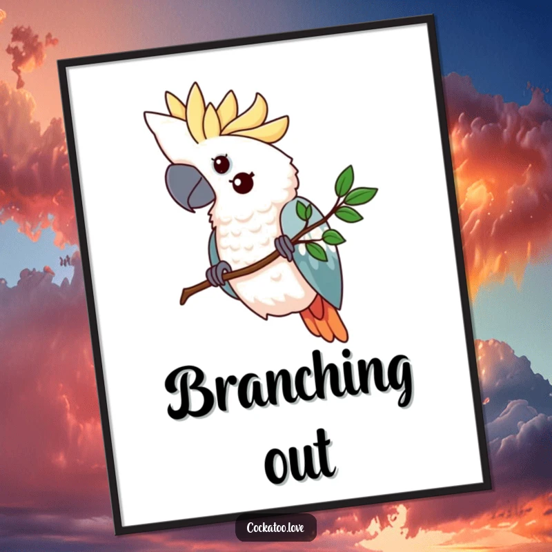 Funny cockatoo poster showing a determined bird with a firm grip on a tiny, stylized branch, creating an atmosphere of focus and tenacity.