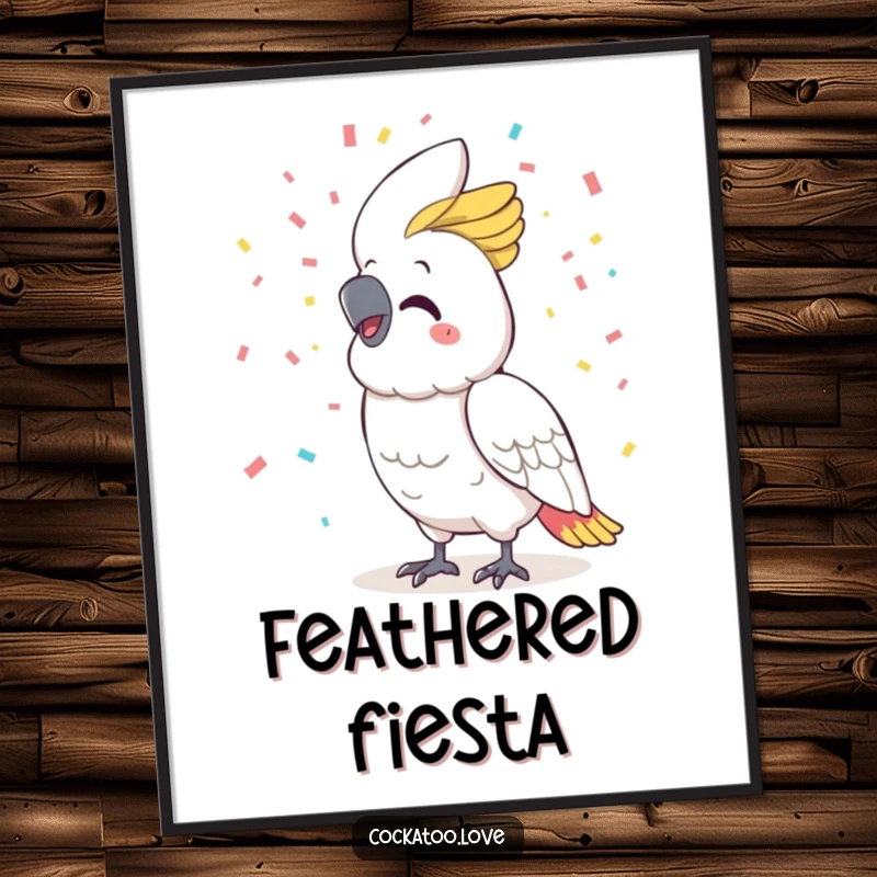 Funny cockatoo poster, big cheerful smile, enthusiastically throwing a cascade of confetti, adding vibrant celebratory energy to any wall.