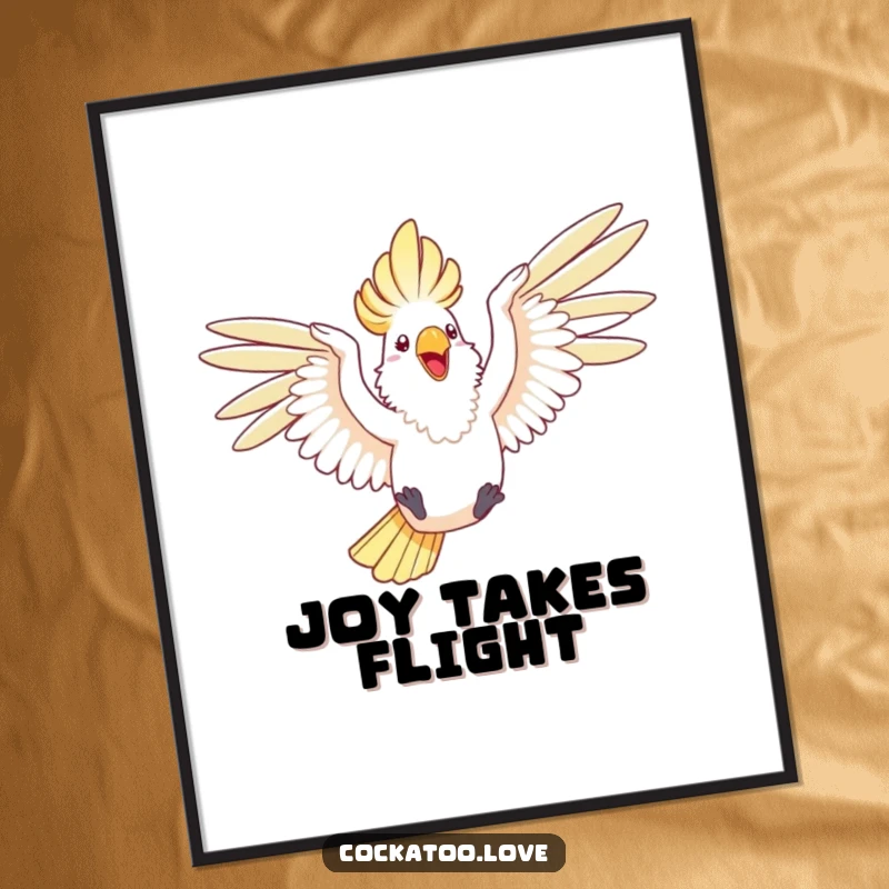 Funny wall art print of a happy cockatoo with wings outstretched, joyfully leaping through the air.