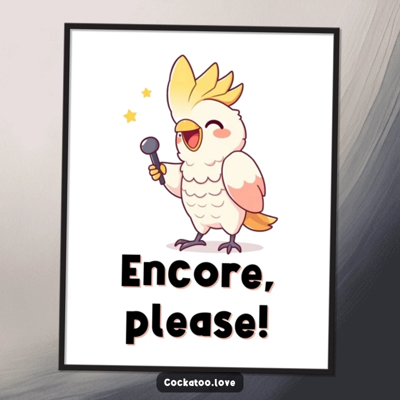 Funny poster of a gleeful cockatoo character mimicking a triumphant singer with an open beak and dramatic pose.