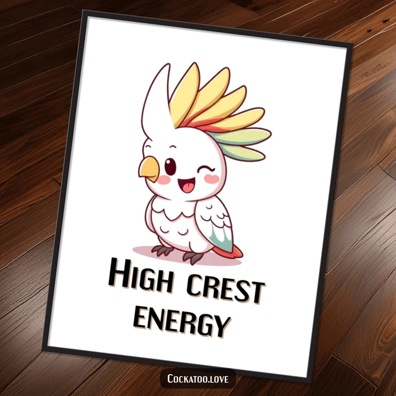 Funny cockatoo poster, happy bird character, vibrant crest raised high, cheerful wall art, bringing joy.