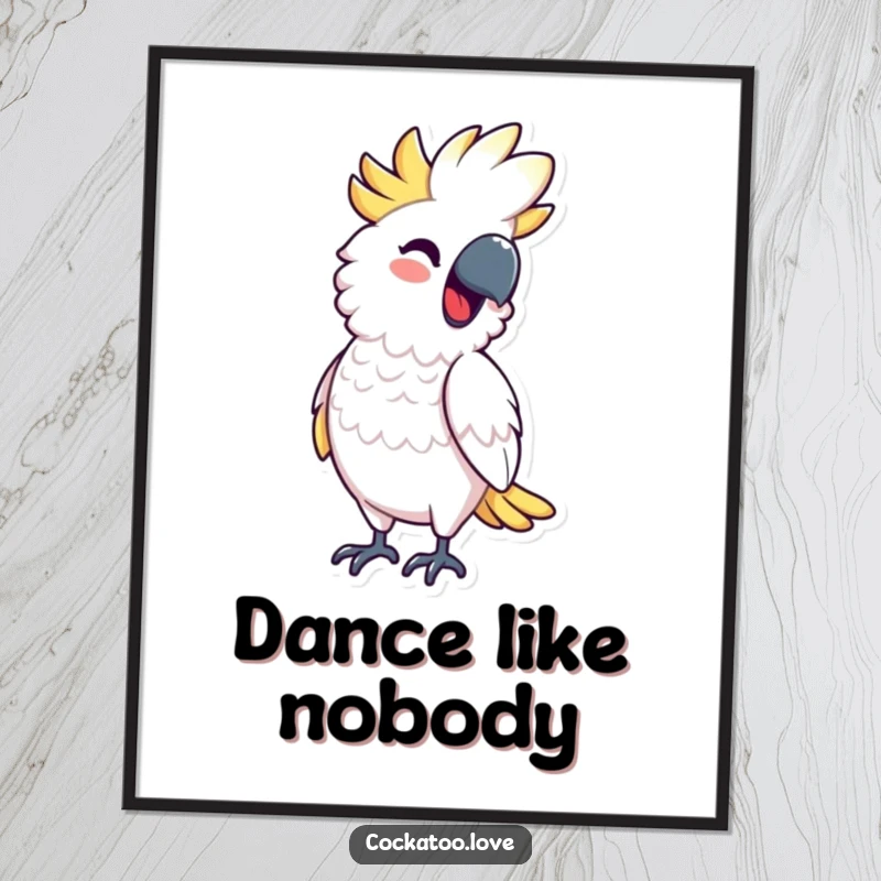 Funny Poster showing a cockatoo character rhythmically bobbing its body with a smile, conveying joyful movement and serving as a funny gift.