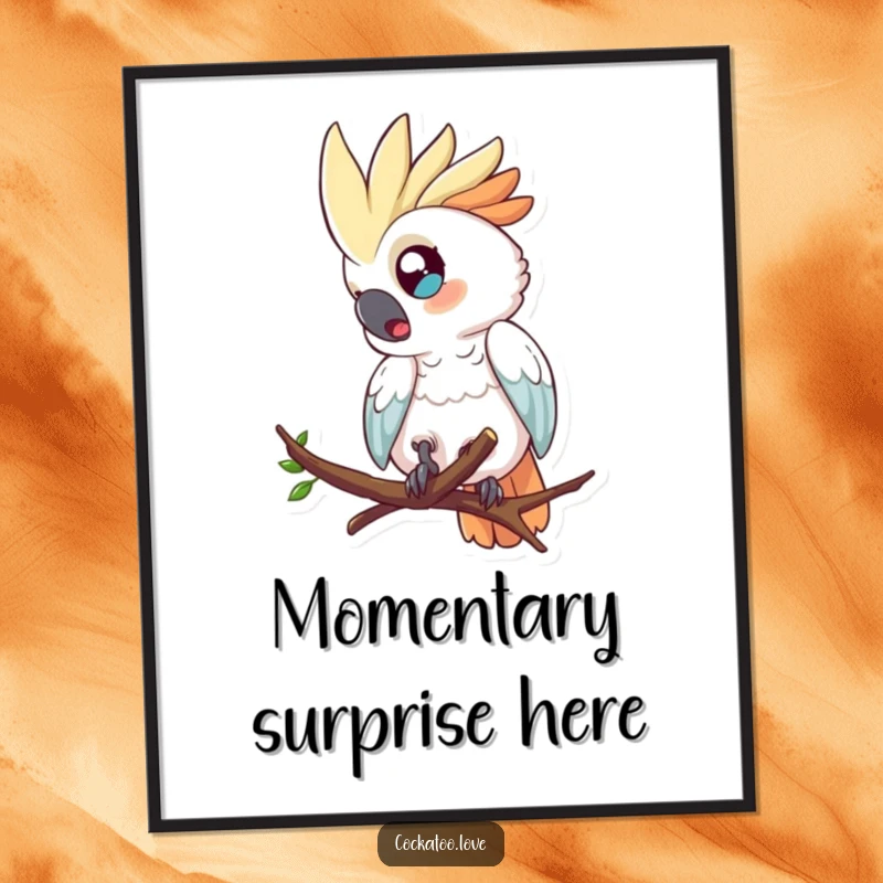 Funny wall art print of a surprised cockatoo with wide eyes, losing its balance and tumbling from a branch.