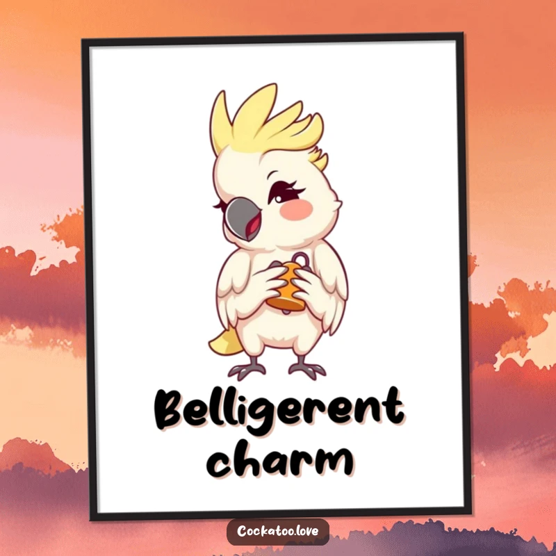Funny Cockatoo Poster with a mischievous wink and a tiny bell, charming wall art for a playful atmosphere, a perfect funny gift.