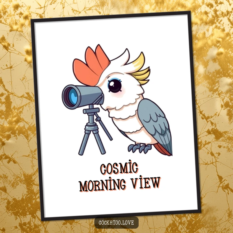 Funny cockatoo poster showing a curious bird peering through a telescope with wonder, ideal for inspiring artistic exploration.
