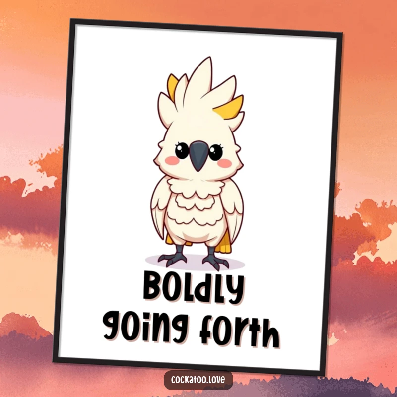 Funny Determined Cockatoo Poster: A cockatoo character standing tall and puffing its chest, symbolizing determination and confidence.