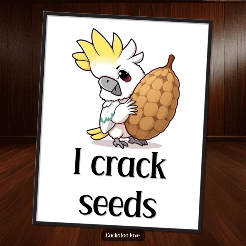 Funny cockatoo poster, showing a determined bird cracking a giant seed with a hilarious, wide-eyed grin, adding humor to decor.