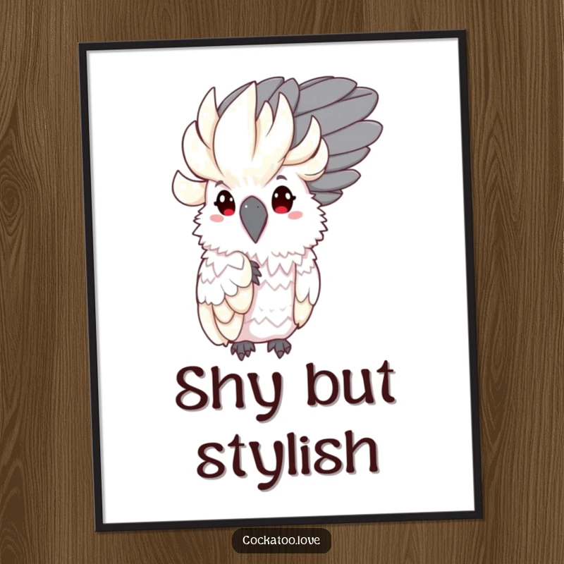 Funny Shy Cockatoo Poster: Artwork of a shy bird character peeking curiously from behind a large, soft feather.
