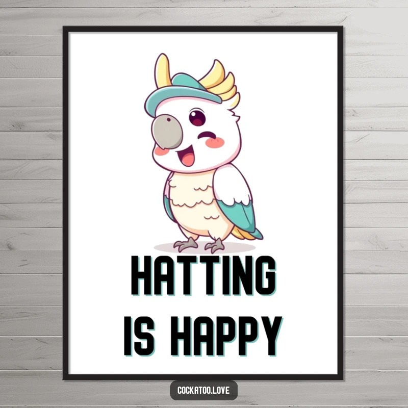 Funny wall art print of a cockatoo wearing a small hat, joyfully squawking with absolute glee.