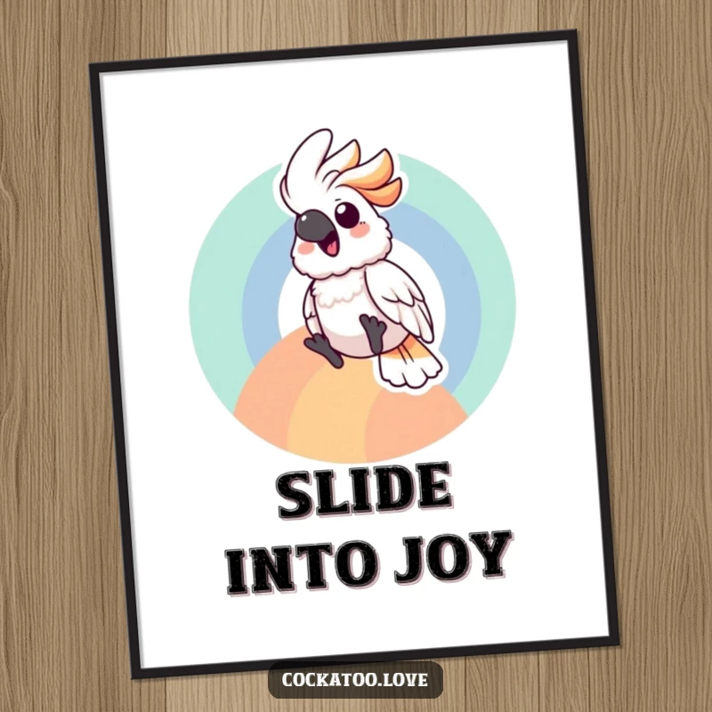 Joyful cockatoo bird artwork gleefully sliding down a bright, colorful rainbow arc, capturing pure elation.