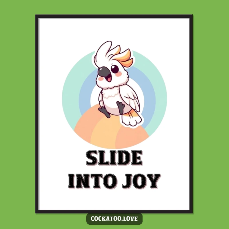 Joyful Cockatoo Rainbow Poster: Gleeful Sliding Bird Art, Whimsical Wall Decor!