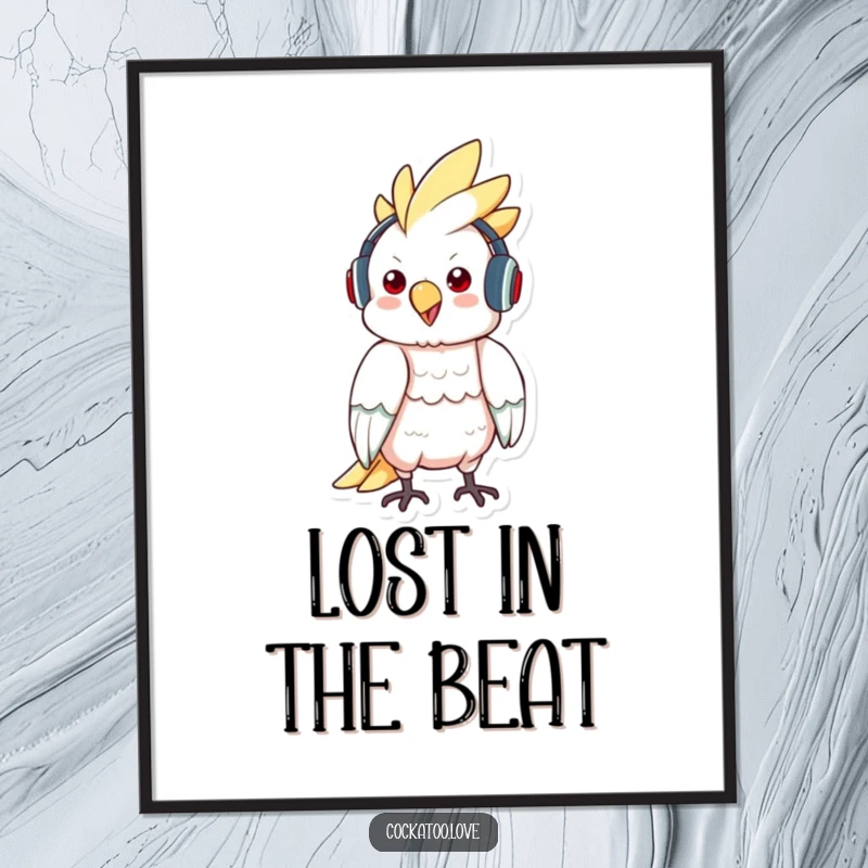 Funny poster of a cockatoo wearing headphones and bopping to music, creating a cool and rhythmic art piece.