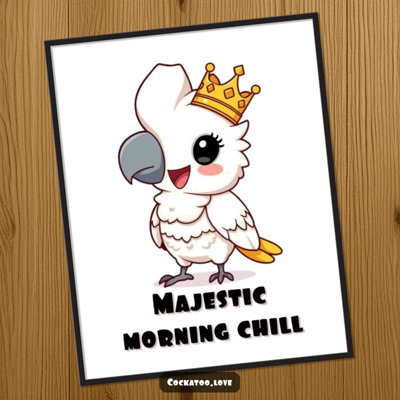 Funny cockatoo poster featuring a comical regal bird wearing a tiny crown and posing proudly, adding humorous royal decor.