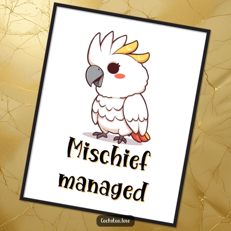 Funny poster of a cockatoo character with a mischievous grin playfully pecking, exuding a cheeky attitude.