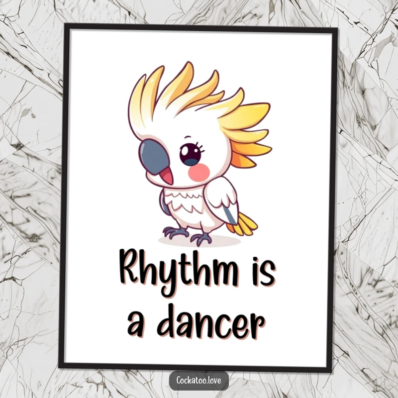 Funny cockatoo poster displaying a cute, colorful crested bird energetically bobbing its head, creating a lively and cheerful atmosphere.