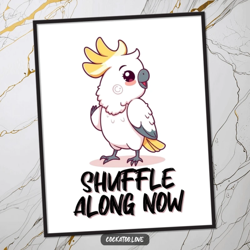 Funny cockatoo poster, depicting a bird doing a charming and comical shuffle dance, bringing energy to any room.