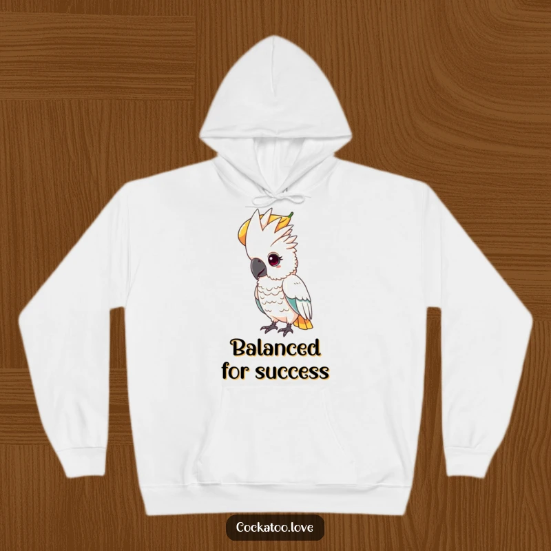 Funny hoodie featuring a determined cockatoo with a focused gaze, balancing a large fruit on its head.