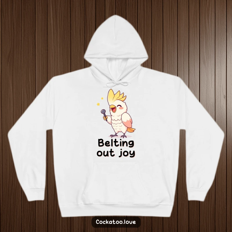 Funny hoodie featuring a gleeful cockatoo character mimicking a triumphant singer, ready to hit the high notes.