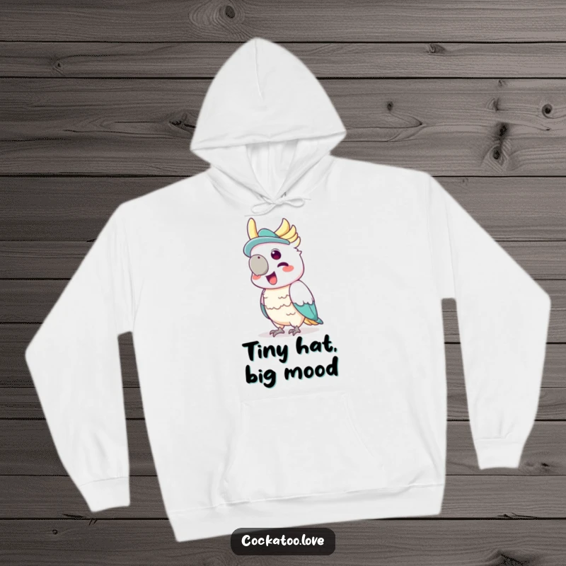 Funny hoodie depicting a cockatoo happily wearing a tiny hat and squawking with pure glee.