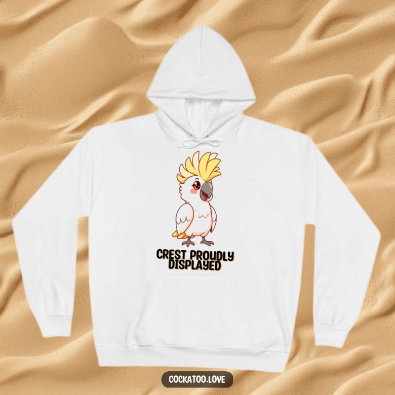 Funny Cockatoo Crest Hoodie: Comfortable hoodie featuring a cockatoo with a raised crest striking a funny, memorable pose.