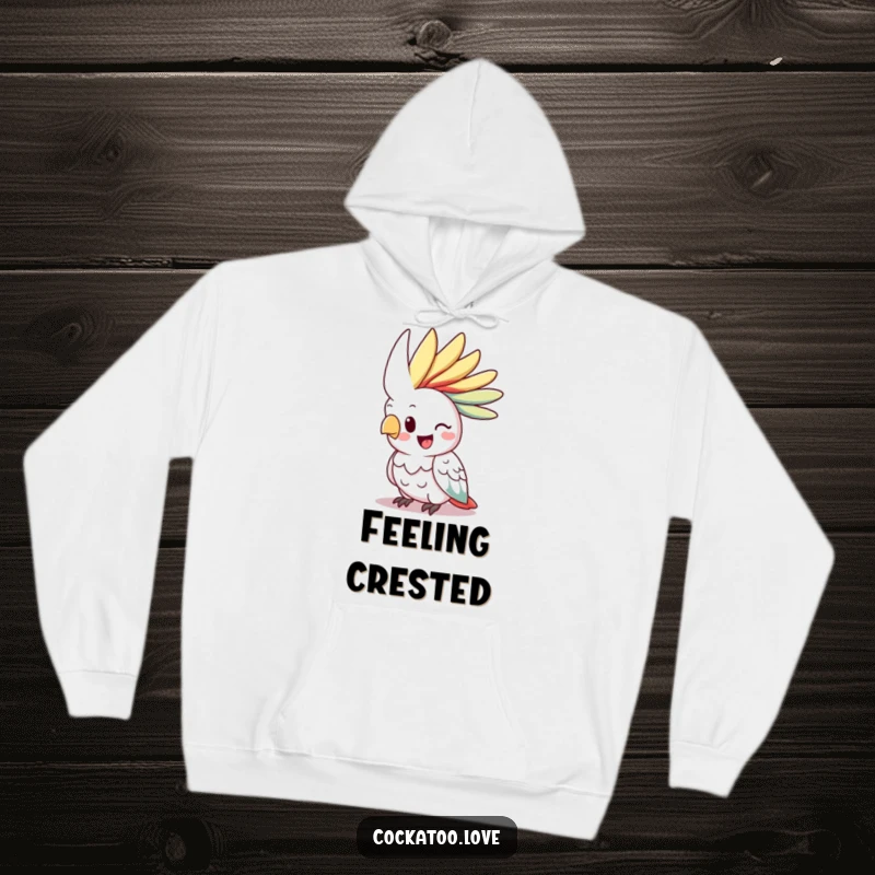 Funny happy cockatoo hoodie, vibrant crest raised, cheerful bird character, comfortable and fun outerwear.
