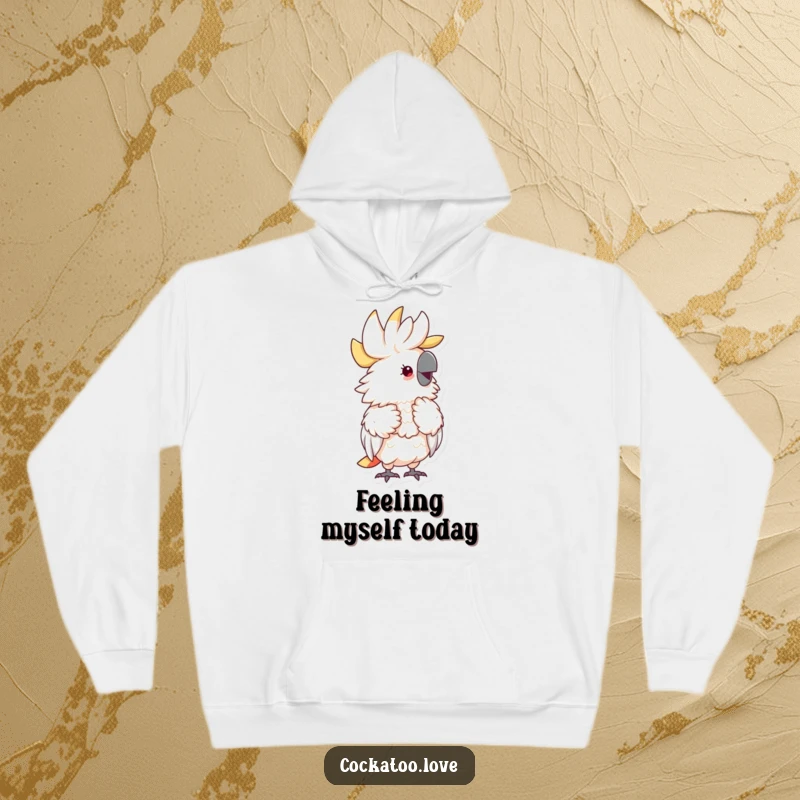 Funny Fluffy Cockatoo Hoodie with a delightfully fluffy cockatoo preening its feathers with a look of pure contentment.