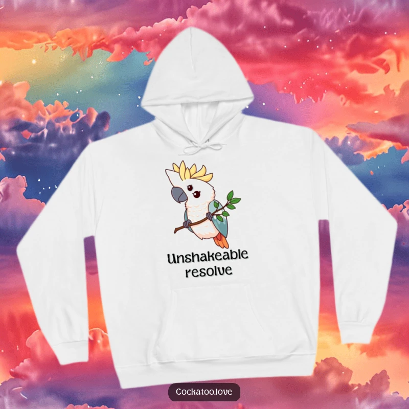 Funny cockatoo hoodie featuring a determined bird gripping a tiny, stylized branch, exuding a sense of strength, focus, and unwavering resolve.