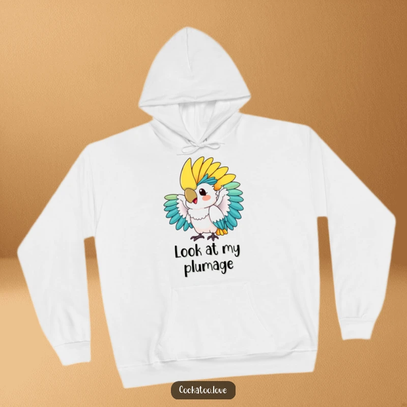 Funny hoodie: A vibrant cockatoo excitedly fans its beautiful, colorful crest, creating a joyful and humorous tropical-themed wearable art.