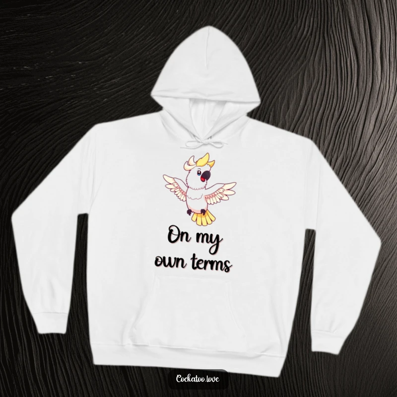 Funny cockatoo hoodie featuring a happy bird with spread wings in mid-flight, exuding a sense of freedom, joy, and playful movement.