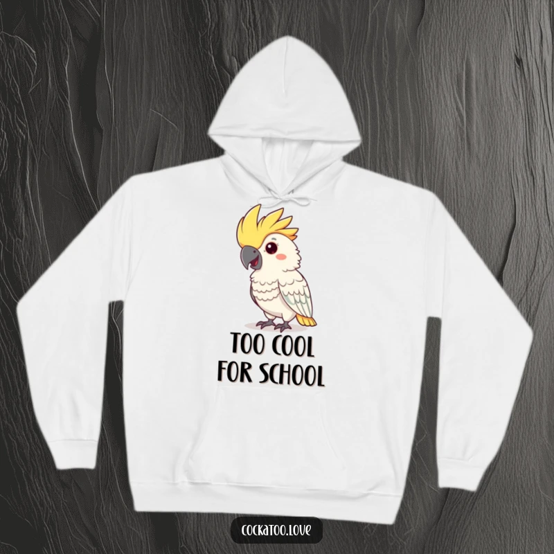 Funny cockatoo hoodie with a flamboyant crest nodding happily, a cozy and humorous apparel choice.