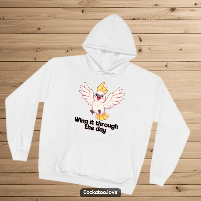 Funny Cockatoo Leaping Hoodie a joyful cockatoo with wings fully extended leaps through the air, offering cozy comfort and a dose of pure delight.