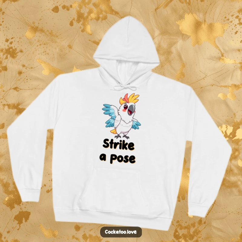 Funny cockatoo hoodie, showcasing vibrant feathers and striking a comical, unexpected pose with a cheerful attitude.