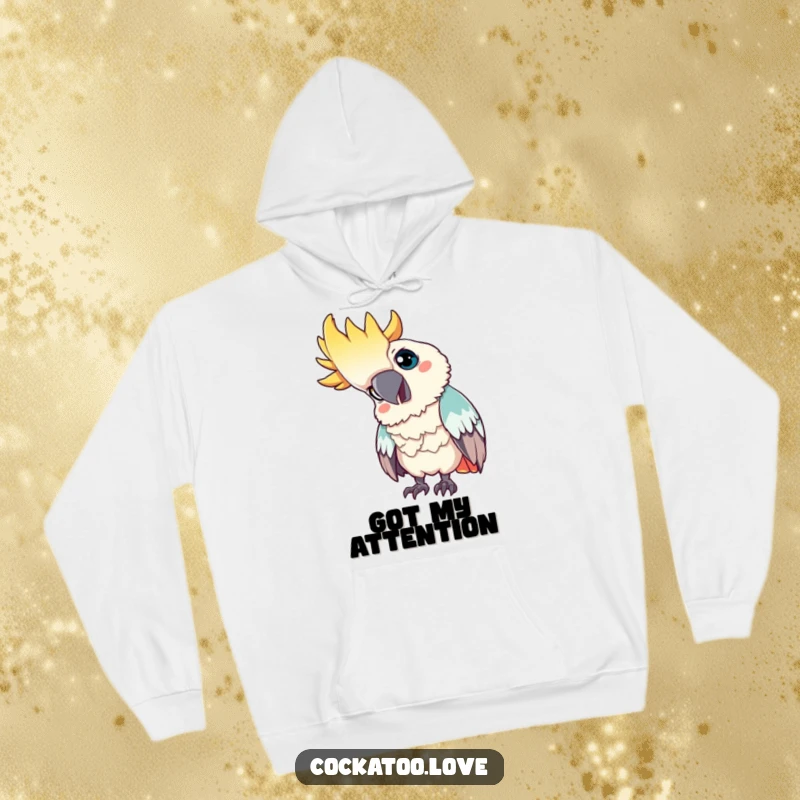 Funny hoodie: A curious cockatoo tilts its head, gazing intently, creating a humorous and contemplative wearable art piece.