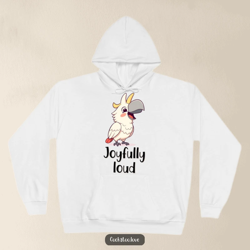 Funny Hoodie showing a happy cockatoo character squawking with delight, its beak wide open, offering warmth and humor as a funny gift.